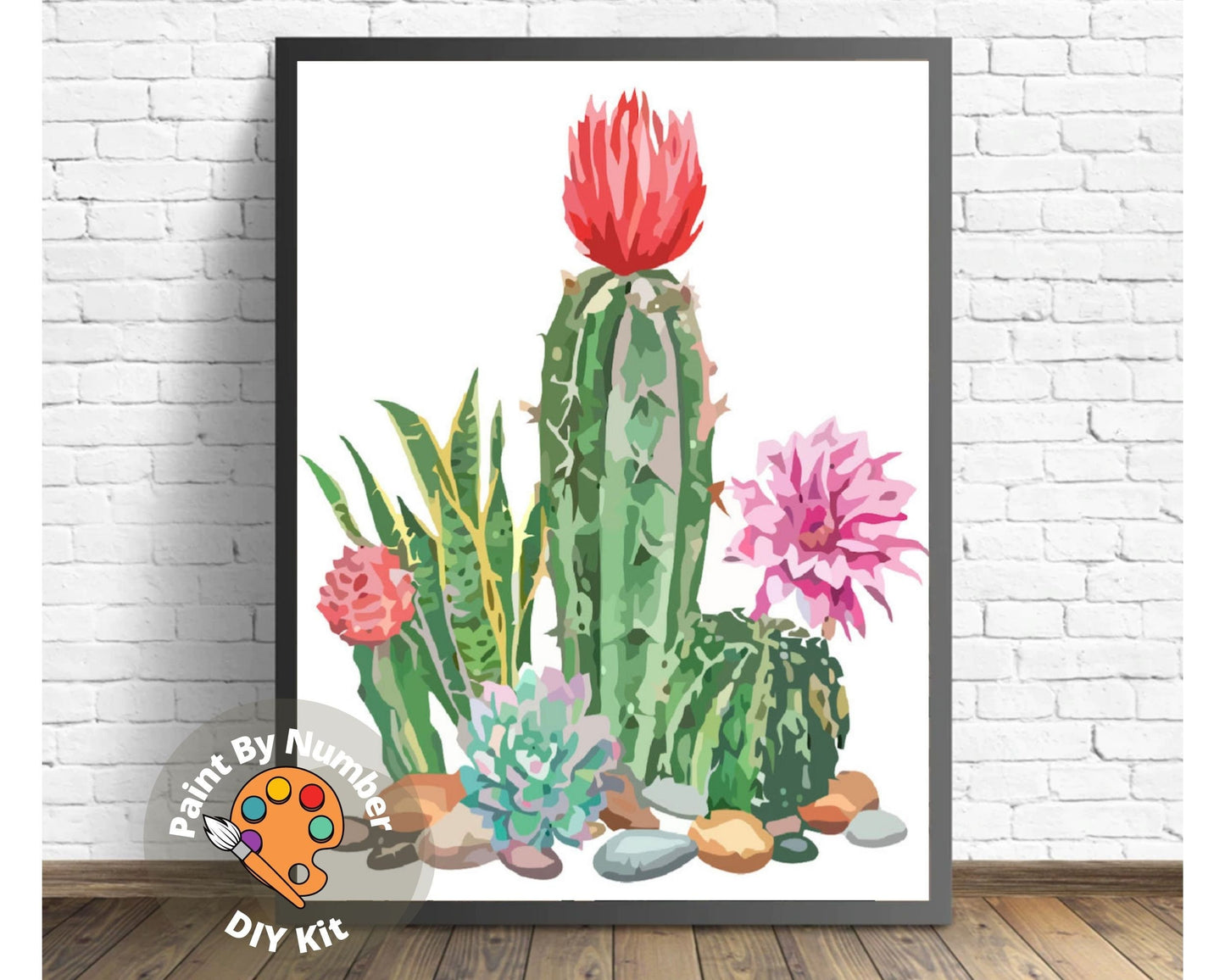 Paint by Numbers  Kit for Beginner , Kids & Adult Hobby, Green Cactus with Flower,Desert Landscape , Easy Acrylic DIY Painting Decor Gift
