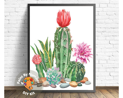 Paint by Numbers  Kit for Beginner , Kids & Adult Hobby, Green Cactus with Flower,Desert Landscape , Easy Acrylic DIY Painting Decor Gift