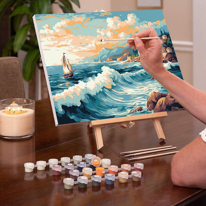 Seascape PAINT by NUMBER Kit for Adult , Rocky Cliff Village on Seashore ,Waves Beach scene, Beginner Acrylic Painting Kit,Home Decor Gift