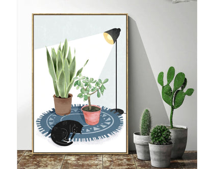 PAINT by NUMBER Kit Adult ,Black Cat With Floor Lamp and Plants , Easy DIY Beginners Acrylic Painting Kit , Wall Art  Gift