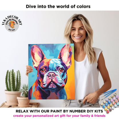 French Bulldog PAINT by NUMBER Kit Adult , Colorful Dog Art , Easy Beginner Acrylic Painting DIY Kit , Gift For Mom Dad