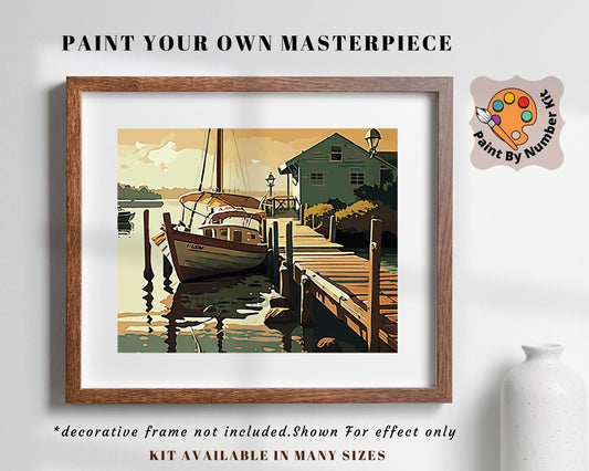 60's style PAINT by NUMBER Kit for Adult ,Boat Pier Rustic Boathouse on Sea,Sunset Sky , Easy Beginner Acrylic Painting Kit,Home Decor Gift