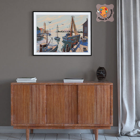 Vintage Style PAINT by NUMBER Kit for Adult , DIY Boat Dock painting , Easy Beginner Acrylic Painting Kit,Home Decor Gift