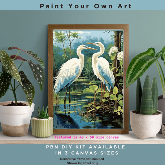 Vintage Style PAINT by NUMBERS Adult DIY Kit White Heron Birds In Lake Flowers Beginner Acrylic Painting Kit Decor Gift For Grandpa Grandma