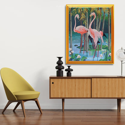 1960's Style Pink Flamingo Vintage PAINT by NUMBER Kit Adult , DIY Paint Kit Birds In Lake  , Easy Beginner Acrylic Painting,Hobby Gift