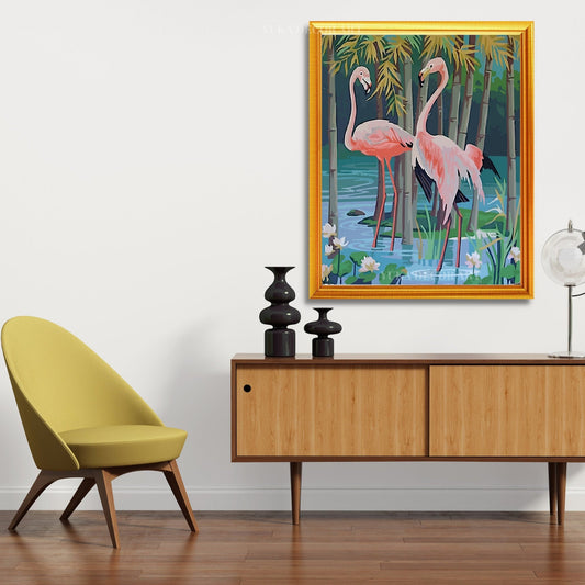 1960's Style Pink Flamingo Vintage PAINT by NUMBER Kit Adult , DIY Paint Kit Birds In Lake  , Easy Beginner Acrylic Painting,Hobby Gift