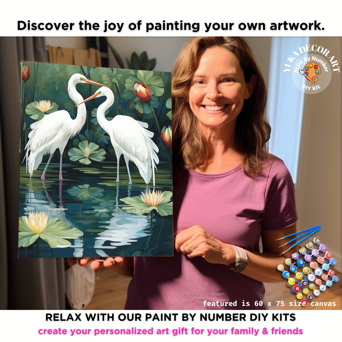 Vintage Style PAINT by NUMBER Kit For Adults White Birds In Lake Lilies Flowers DIY Painting Easy Beginners Paint Kit Garden Lover Art Gift