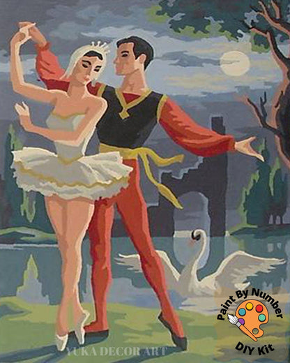 Vintage Paint By Number Set of 2,Ballet Dancer Couple,Moonlit lake , Vintage Wall Art