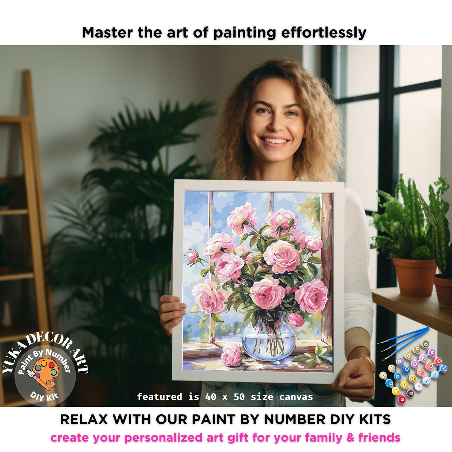 Pink Peonies Flower DIY Paint by Number Kit Adults Easy Still Life Peony Flowers In Vase Painting for Kitchen Decor Gift for Nana Grandma