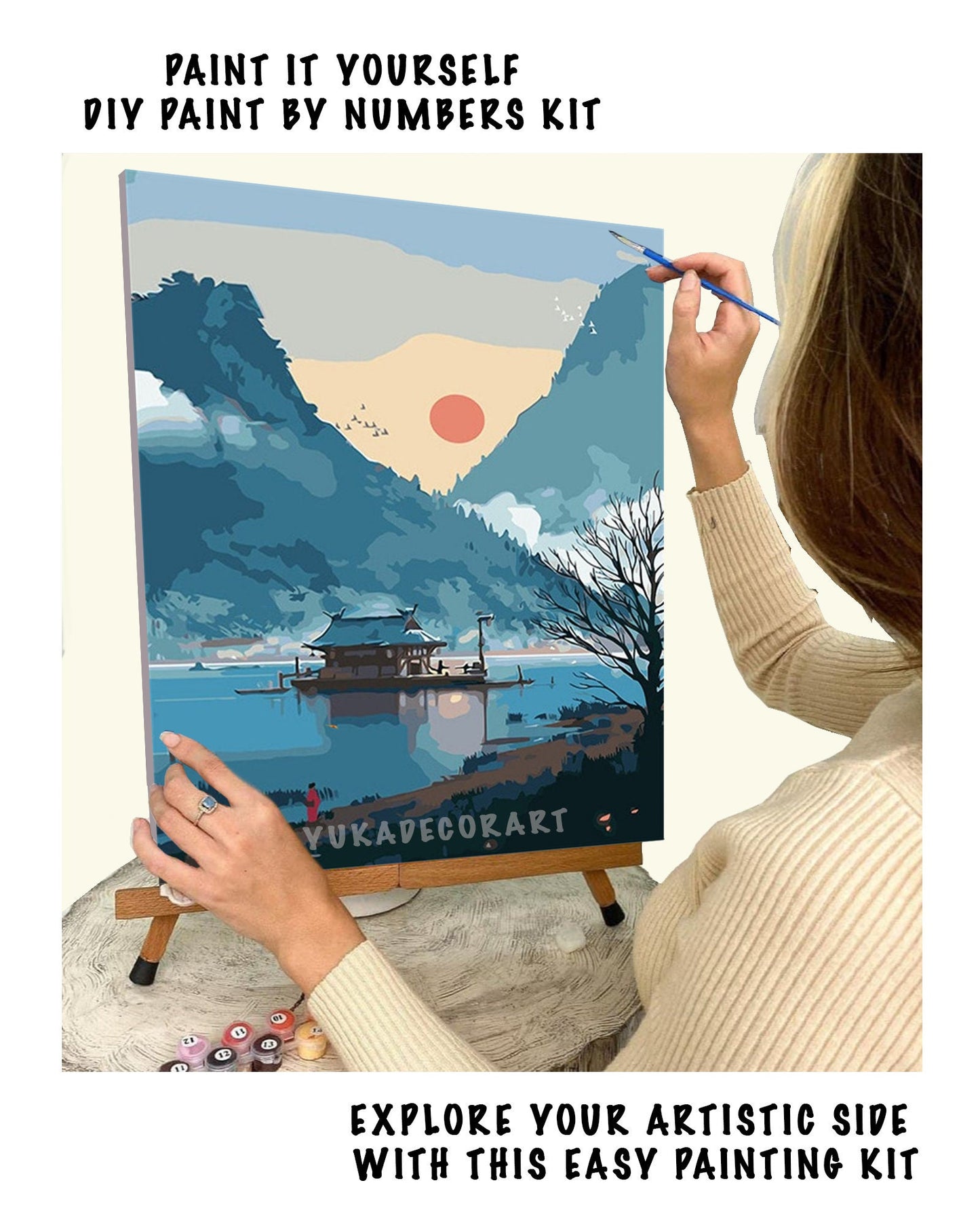 PAINT by NUMBER Kit Adult ,Sunrise In Japan,Nature Mountain Scenic View , Easy DIY Beginners Acrylic Painting Kit , Wall Art  Gift