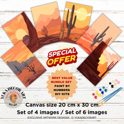 Desert Minimalistic PAINT by NUMBER Kit Adult, Bundle Set of 2 / 3 / 4 / 6 kits , Midwest Rustic Art Easy Beginner Acrylic Painting DIY Kit