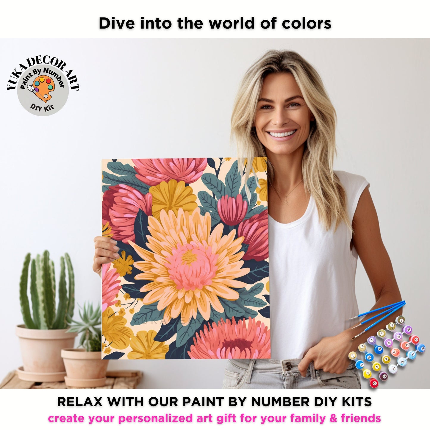 PAINT by NUMBER Kit Adult Dahlia Flowers Vintage Whimsical Pastel Wall Art Easy Beginner Acrylic Paint DIY Kit Mom Dad Gift