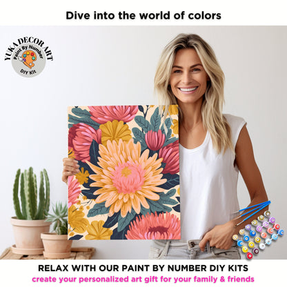 PAINT by NUMBER Kit Adult Dahlia Flowers Vintage Whimsical Pastel Wall Art Easy Beginner Acrylic Paint DIY Kit Mom Dad Gift