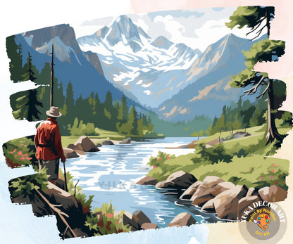 Fishing Man Vintage Style PAINT by NUMBER Kit Adult , Mountain River Forest Scenic DIY Art , Easy Acrylic Paint Kit, Christmas Gift for Dad