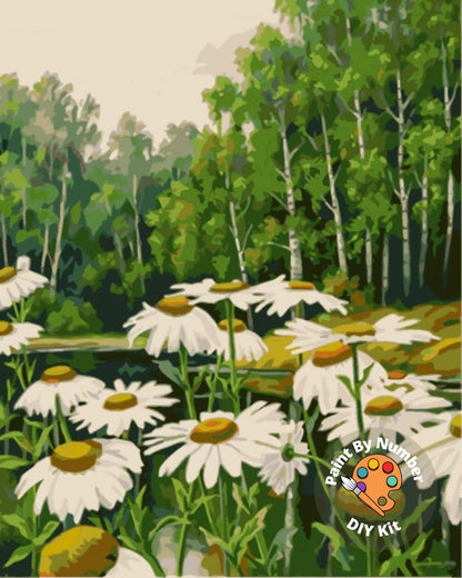 Daisy Flowers PAINT by NUMBERS Kit for Adult & Kids, Forest Mountain Scenic View ,Easy Beginner Acrylic Painting Kit,Wall Art , Hobby Gift