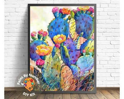 Paint by Numbers  Kit for Beginner , Kids & Adult Hobby, Green Cactus with Flower,Desert Landscape , Easy Acrylic DIY Painting Decor Gift