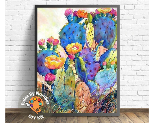 Paint by Numbers  Kit for Beginner , Kids & Adult Hobby, Green Cactus with Flower,Desert Landscape , Easy Acrylic DIY Painting Decor Gift