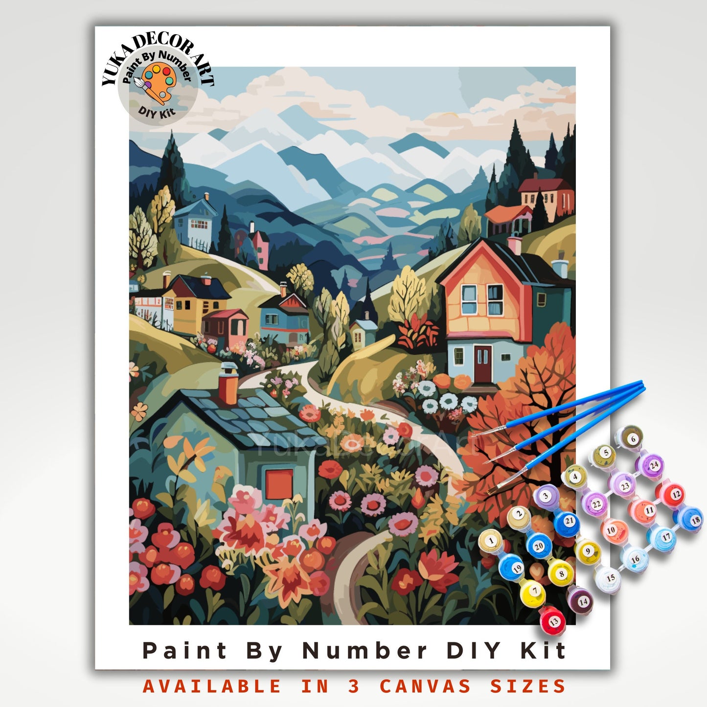 PAINT by NUMBER Kit Adults Mountain Flowers Vibrant Colors Landscape Modern Minimalist Naive Art DIY Painting Acrylic Canvas Paint Kit Gift