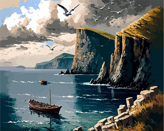 Vintage Style PAINT by NUMBER Kit for Adult , Rocky Cliff Seashore waves ,Seagulls, Easy Beginner Acrylic Painting Kit,Home Decor Gift