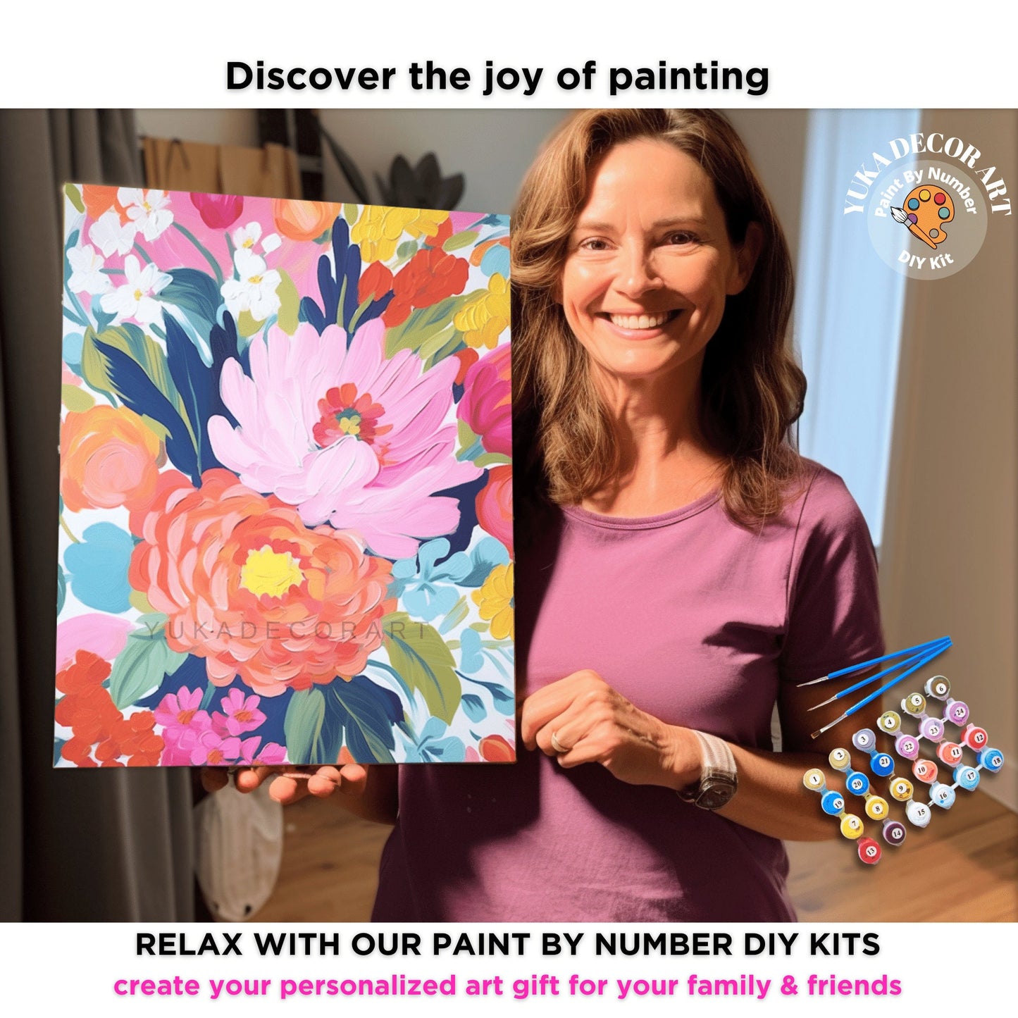 Pink Flowers PAINT by NUMBERS Kit Adult Easy Beginner Floral Art Garden DIY Paint Canvas Hobby Home Decor Birthday Gift For Mom Girlfriend