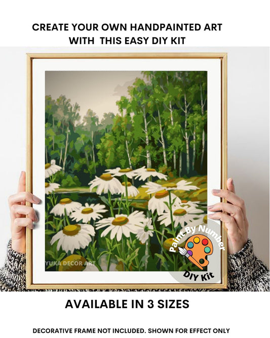 Daisy Flowers PAINT by NUMBERS Kit for Adult & Kids, Forest Mountain Scenic View ,Easy Beginner Acrylic Painting Kit,Wall Art , Hobby Gift