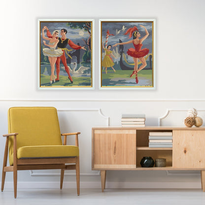Vintage Paint By Number Set of 2,Ballet Dancer Couple,Moonlit lake , Vintage Wall Art
