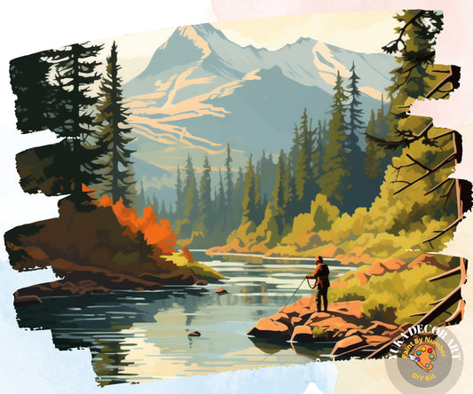 Vintage Mountain PAINT by NUMBER Kit Adult Fishing In The Stream Easy Beginner Acrylic Painting DIY Kit Home Decor Birthday Gift for Mom Dad