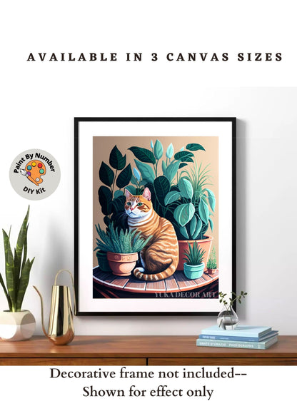 PAINT by NUMBER Adult Kit ,Golden Cat With House Plants ,Cat Illustration Poster, DIY Beginners Paint Kit ,Wall Decor ,Mom Grandmom Gift