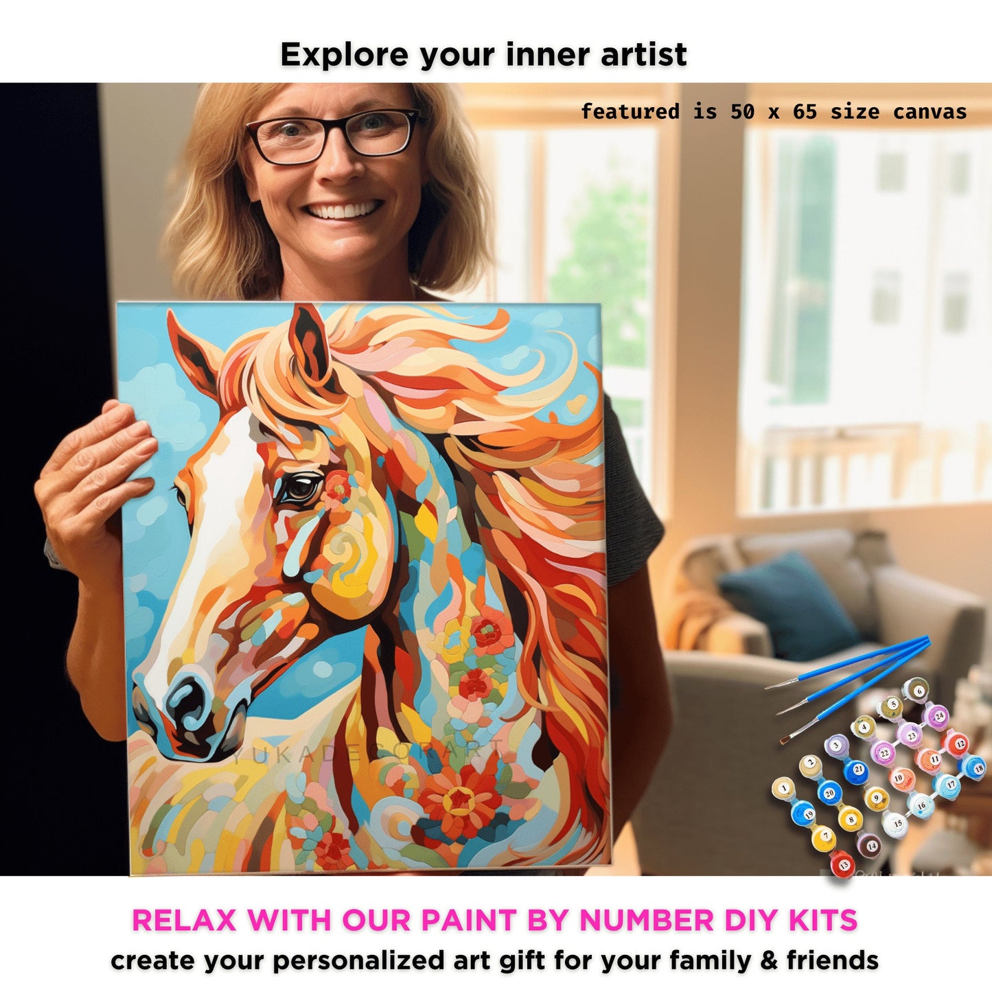 Boho Inspired Horse PAINT by NUMBER Kit Adult Colorful Horse Art Beginner Acrylic Painting DIY Kit Grandpa Dad Gift Housewarming Farmhouse