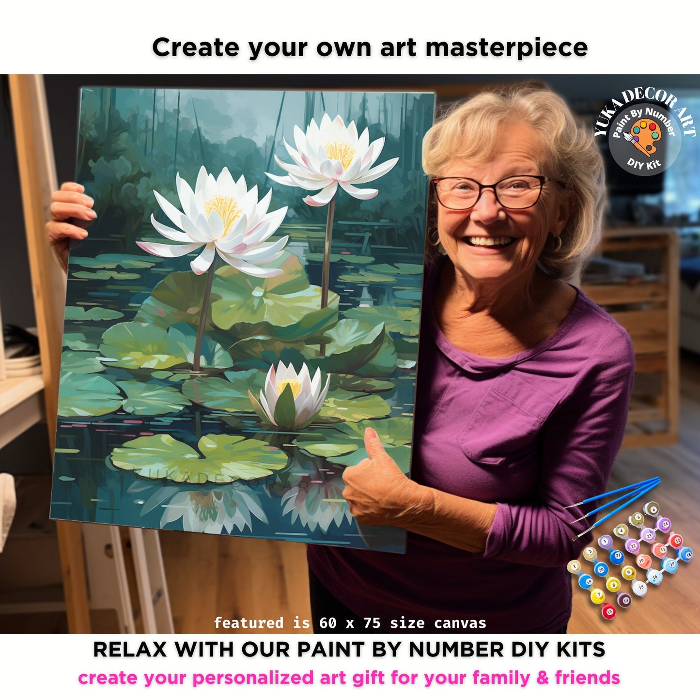 Floral PAINT by NUMBER Kit Adult White Lilies Lake Flowers DIY Painting Easy Beginners Paint Kit Nature Garden Lover Gift For Mom Girlfriend