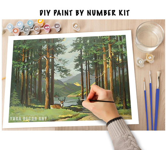 Mountain Trees Vintage PAINT by NUMBER Kit , Deer In Forest Vintage Style DIY Art , Easy Beginner Acrylic Painting Kit,Vintage Decor Gift