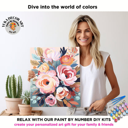 PAINT by NUMBERS Diy Kit Adult Garden Pink Flowers Colourful Wall Art Easy Beginner Acrylic Painting Kit Grandma Mom Gift valentines day