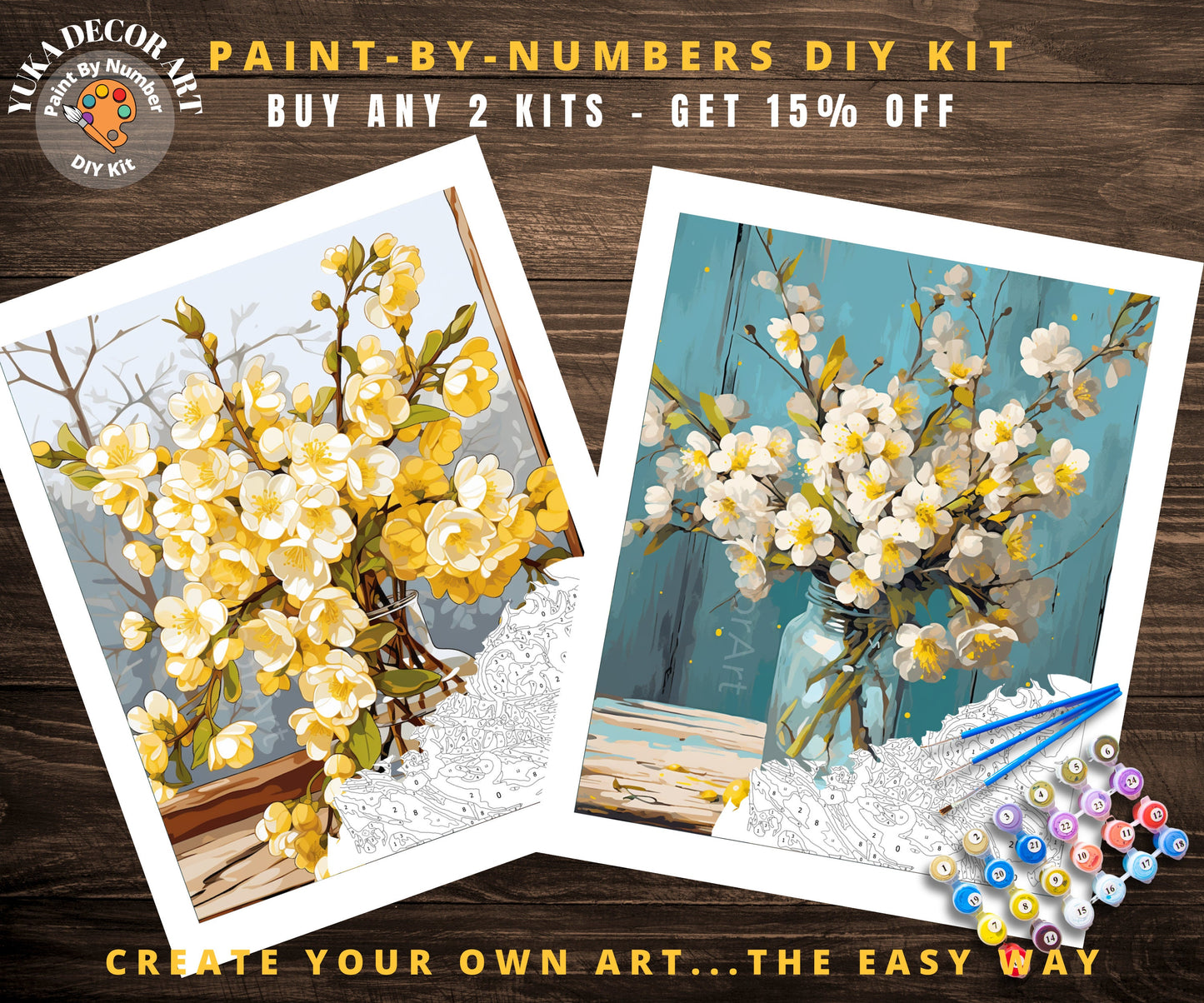 Yellow Flowers PAINT by NUMBER Kit Adults | Set Of 2 | WildFlowers DIY Painting Easy Beginners Hobby Kit Wall Art Birthday Gift Mom Sister
