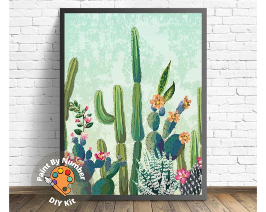Paint by Numbers  Kit for Beginner , Kids & Adult Hobby, Green Cactus with Flower,Desert Landscape , Easy Acrylic DIY Painting Decor Gift
