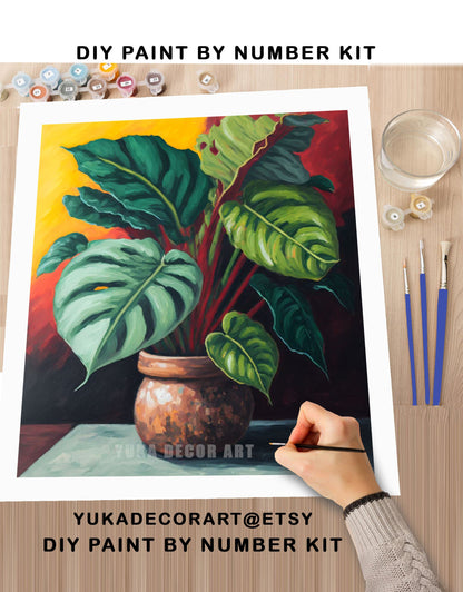 PAINT by NUMBERS  Adult ,House Plants In Rustic Container , Easy DIY Beginners Paint Kit , Wall Art Gift for Mom Grandmom
