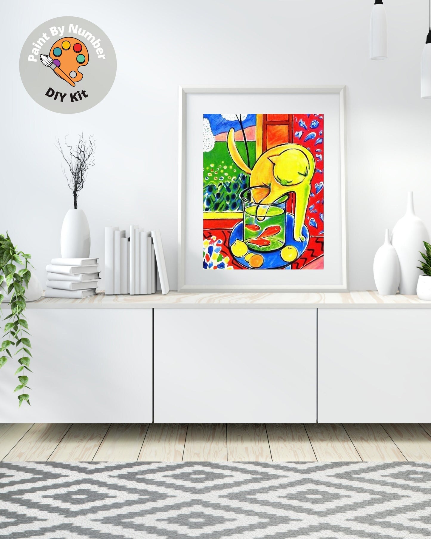 Matisse PAINT by NUMBER Kit for Adults Cat With Red Fish Easy Beginners Acrylic Paint DIY Kit Living Bedroom Wall Art Apartment Urban Decor