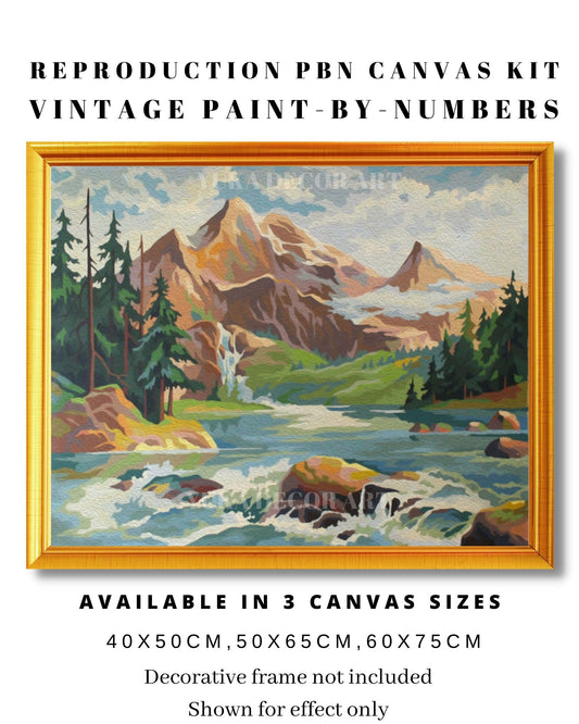 Mountain River PAINT by NUMBER DIY Kit for Adult, Forest Waterfall  Vintage Style Art , Easy Beginner Acrylic Painting ,Rustic Decor Gift