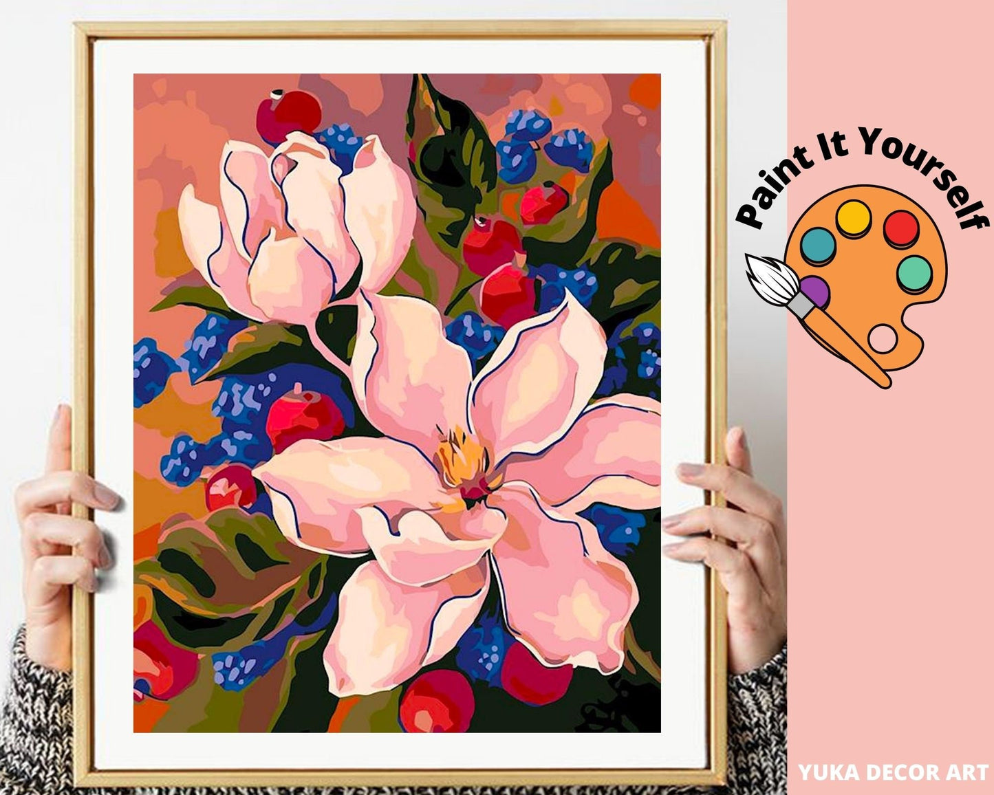 Flower PAINT by NUMBER Kit for Adults , Minimalist Art Style , Easy DIY Beginners Acrylic Paint Kit , Bedroom Wall Art Decor Gift