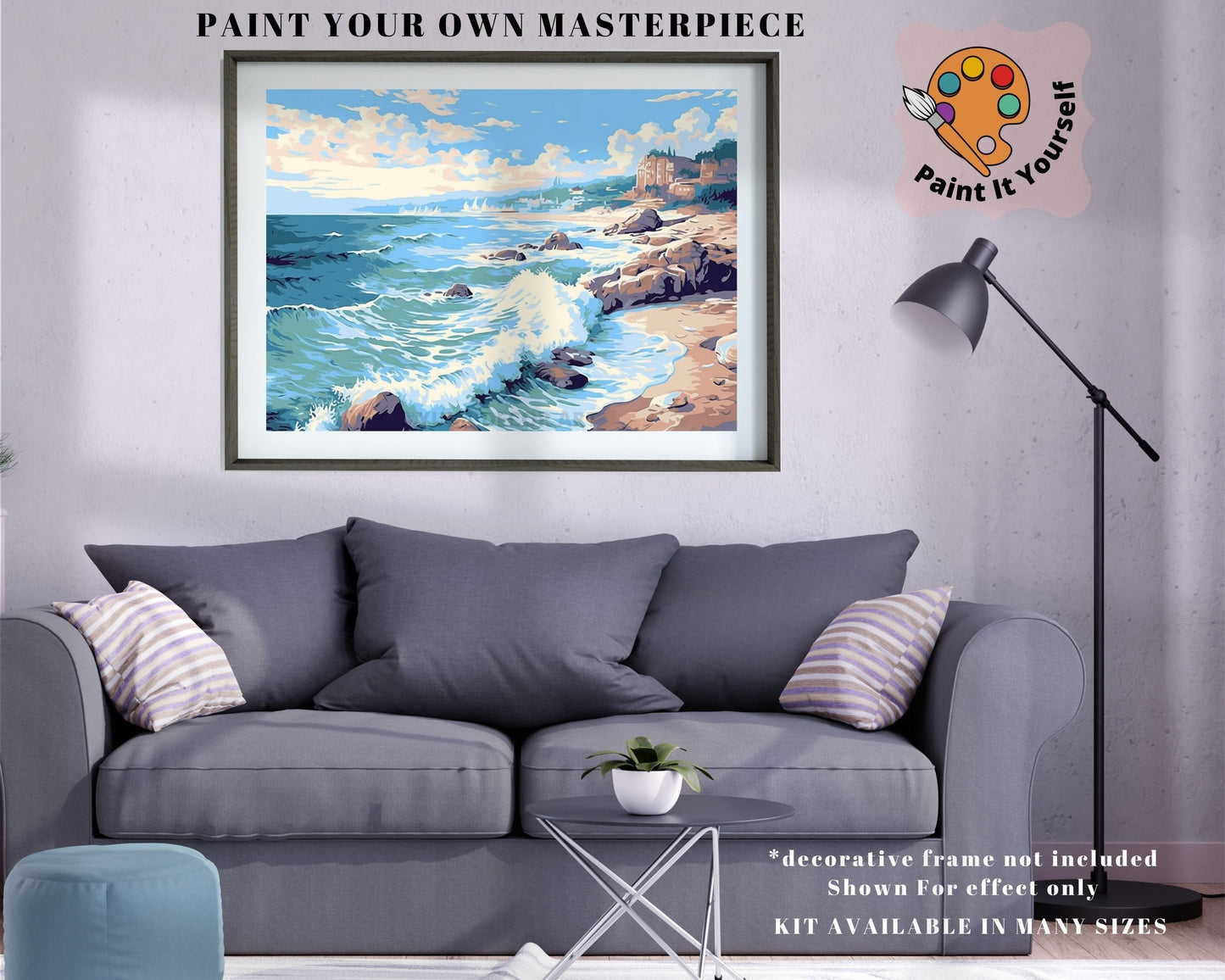 Seascape PAINT by NUMBER Kit for Adult , Rocky Seashore Waves Beach scene, Beginner Acrylic Painting Kit,Home Decor Gift