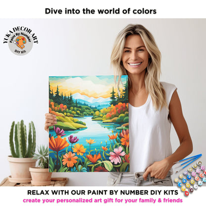 Springflowers PAINT by NUMBER Kit Adult Mountain Landscape Valley Scenery Art Easy Beginners Acrylic Painting DIY Canvas Gift For Girlfriend