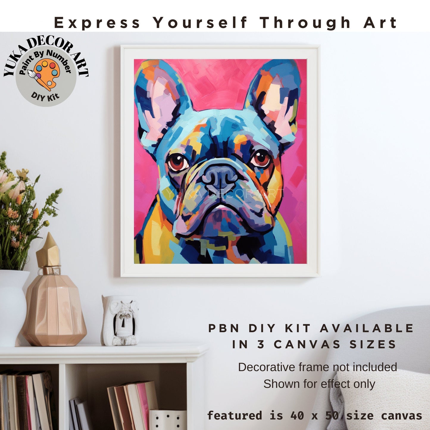 Colorful Dog PAINT by NUMBER Kit Adult , Pet Pug Portrait , Easy Beginner Acrylic Painting DIY Kit , Gift For Mom Dad