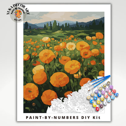 PAINT by NUMBER Kit  Adult Landscape Valley Orange Yellow Poppy Flowers Colourful Art Easy Beginner Acrylic Painting DIY Kit Mom Dad Gift