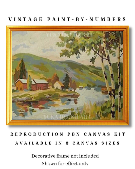 Forest Cabin Vintage PAINT by NUMBER Kit Adult River Landscape Scene Easy Beginner Acrylic Painting DIY Countryside Decor Gift Housewarming