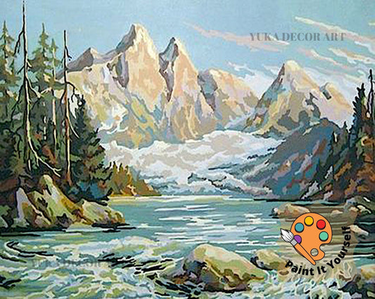 Mountain River Vintage Style PAINT by NUMBER Kit Adult, Valley In Forest Scenery , Easy Beginner Acrylic Painting DIY Kit,Rustic Decor Gift