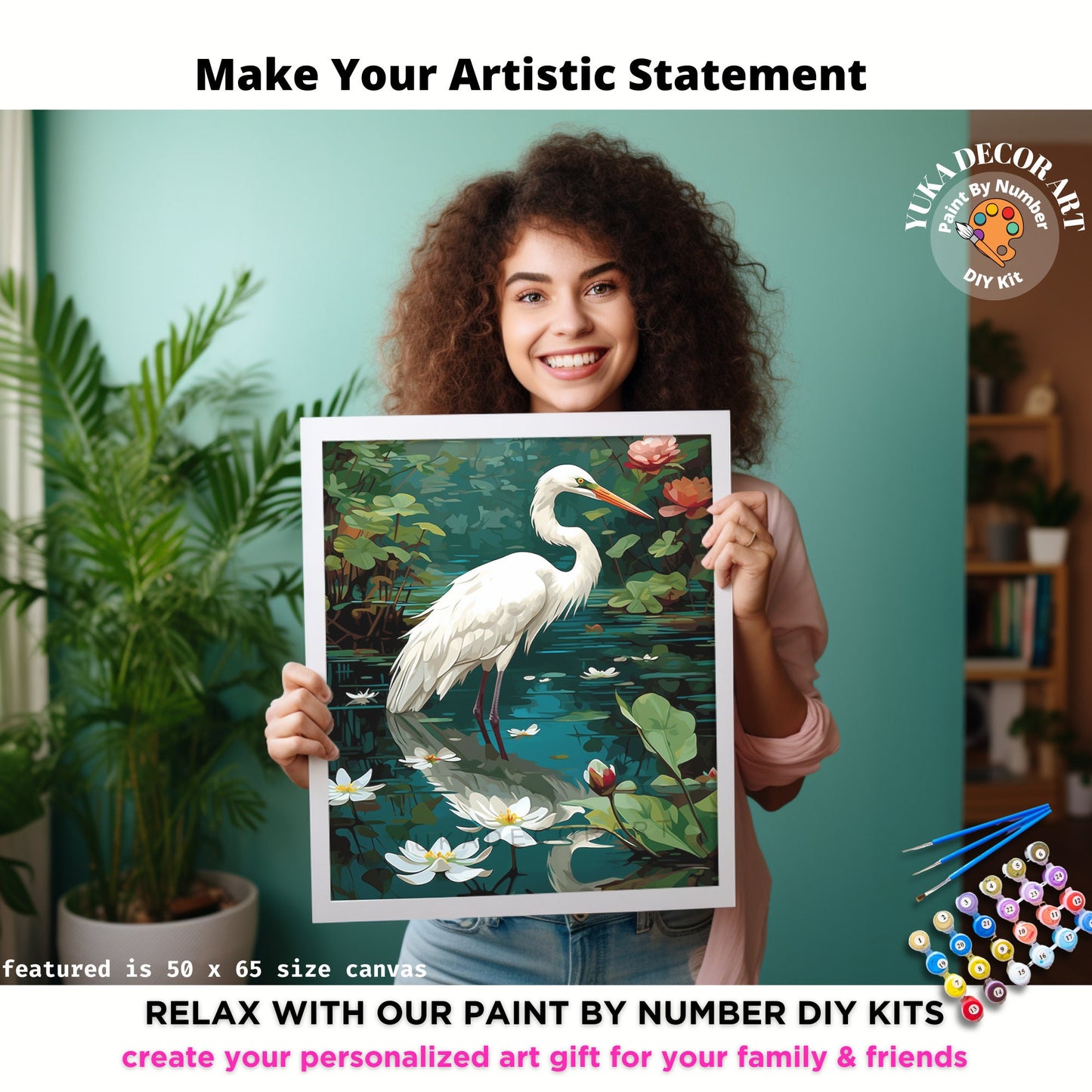 Vintage Style PAINT by NUMBER Kit For Adults White Bird In Lake Lilies Flowers DIY Painting Easy Beginners Paint Kit Lover Gift Girlfriend