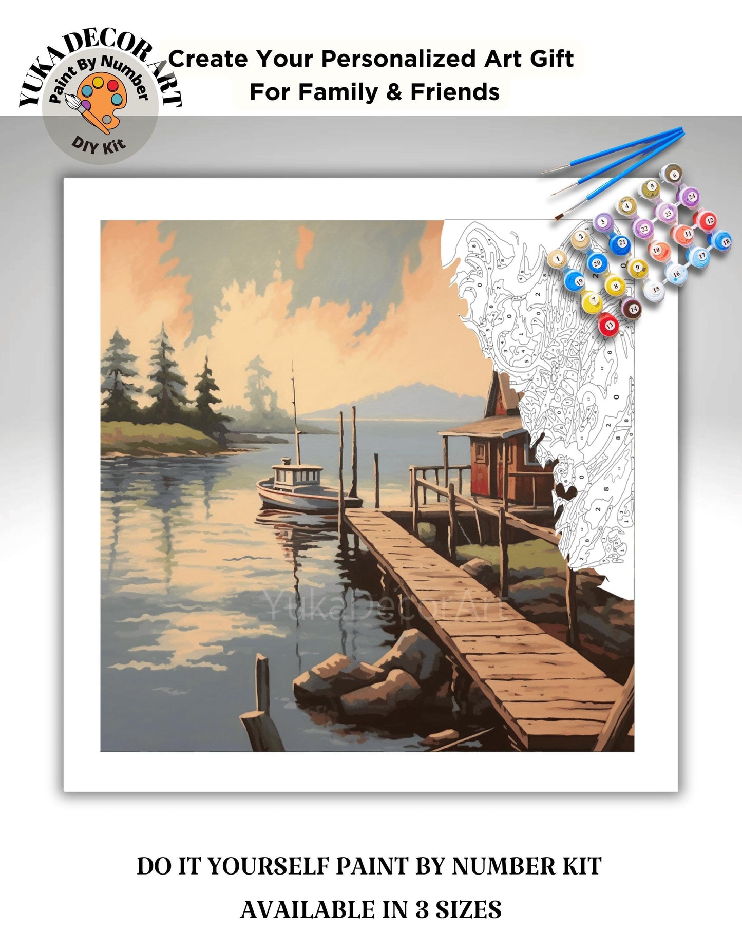 Lakeside Boat Vintage Style PAINT by NUMBER Kit Adult, Landscape Painting, Easy Beginner DIY Paint Kit, Lake Home Gift For Grandfather Dad