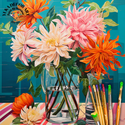 Flowers PAINT by NUMBERS Wall Art Decor Colorful Dahlia Flower Bouquet Vase Color By Number Floral Retro Beginner Adult DIY Painting Kit