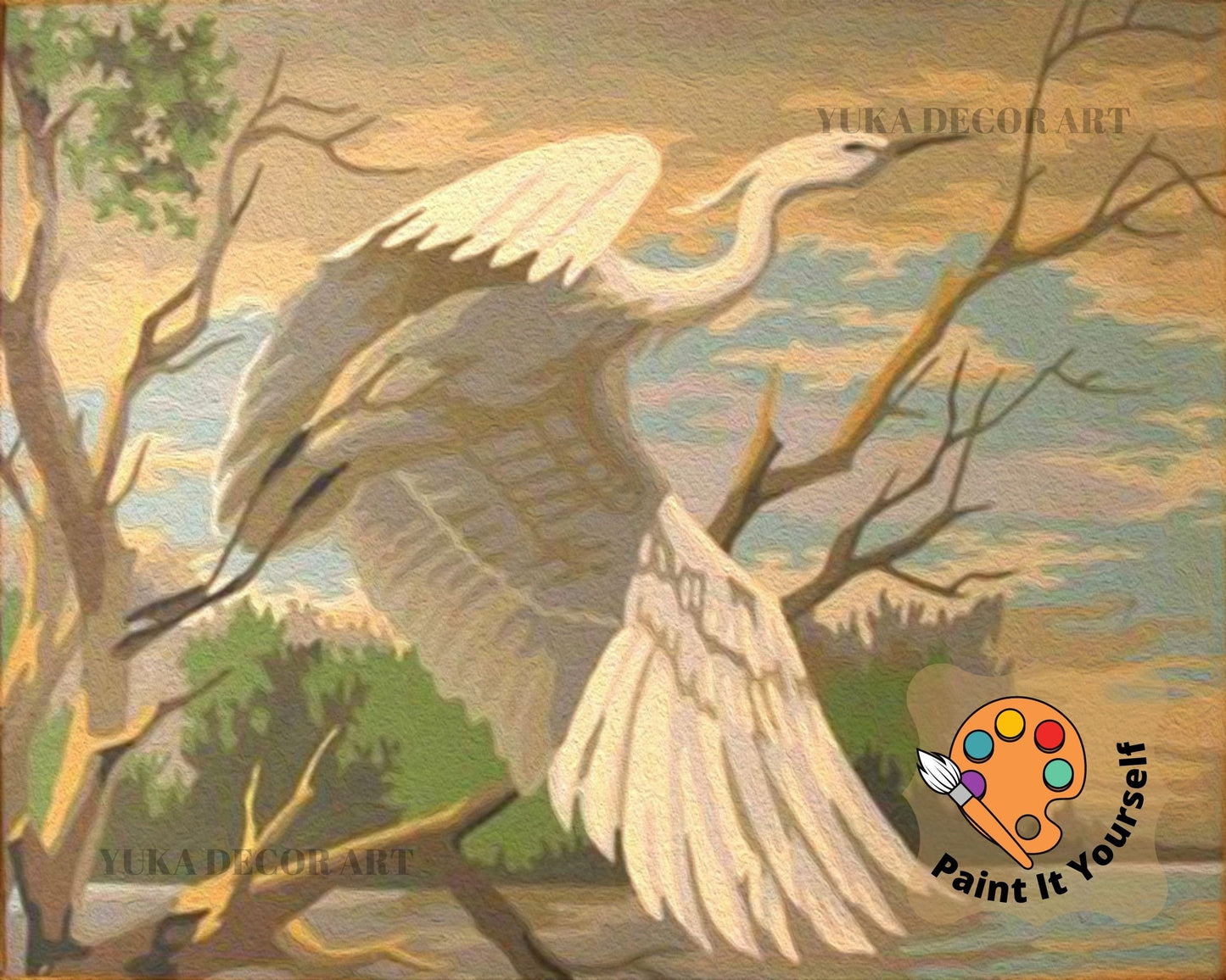 Vintage PAINT by NUMBER Kit Adult , White Egret Bird, DIY Vintage 1960s Style Paint Kit ,  Beginner Acrylic Canvas Painting Kit
