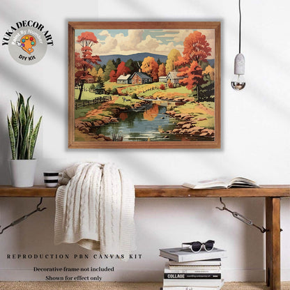 Countryside Fall Landscape PAINT by NUMBERS DIY Kit Adult Vintage Style 1960s Art Easy Beginner Paint Kit Hobby Gift For Mom Dad Grandma