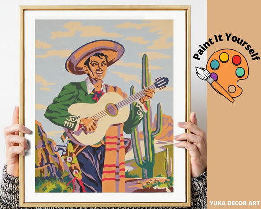 Mexico Art PAINT by NUMBER DIY Kit for Adult , Native Mexican Vintage Style Art , Easy Beginner Acrylic Paint Kit,Wall Art Gift